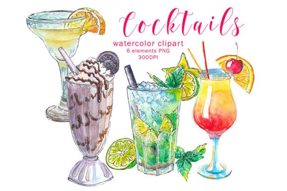 Watercolor Cocktails Clipart, PNG: Elevating Your Creative Projects with Hand-Painted Charm